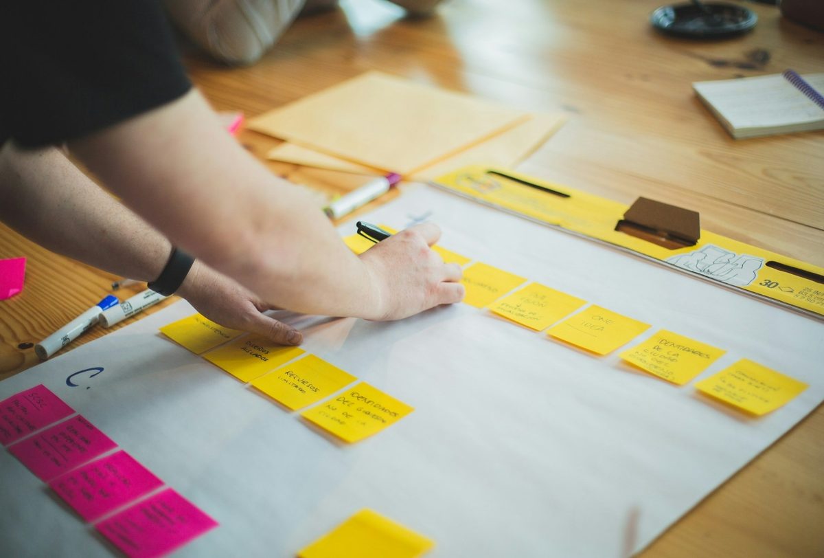 Manos ordenando notas adhesivas amarillas y rosas sobre un plan en papel